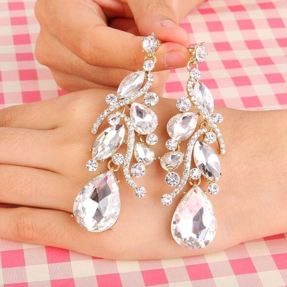 Large Clear Crystal Teardrop Chandelier Earrings on Gold  Yellow Gold with White Diamond Austrian Crystal Teardrop Chandelier Earrings